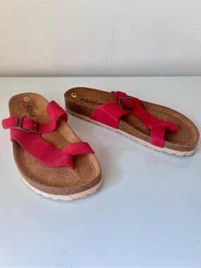 BioStep Red Suede Toe Loop Sandals Cork Footbed Made in Spain EU 38 New